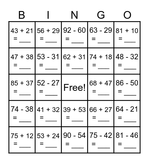 Addition and Subtraction Bingo Card