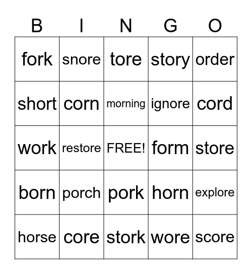 OR and ORE Word Bingo Card
