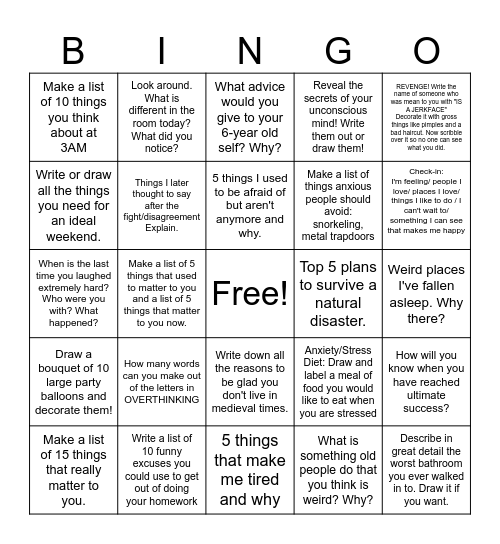 Psychology Journal Idea Bingo Card
