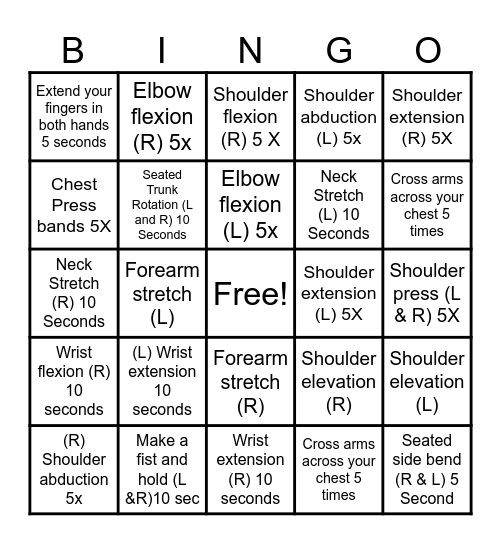 FUNctional Upper Extremity Class Bingo Card