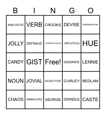 10th Vocabulary/OMAM Bingo Card