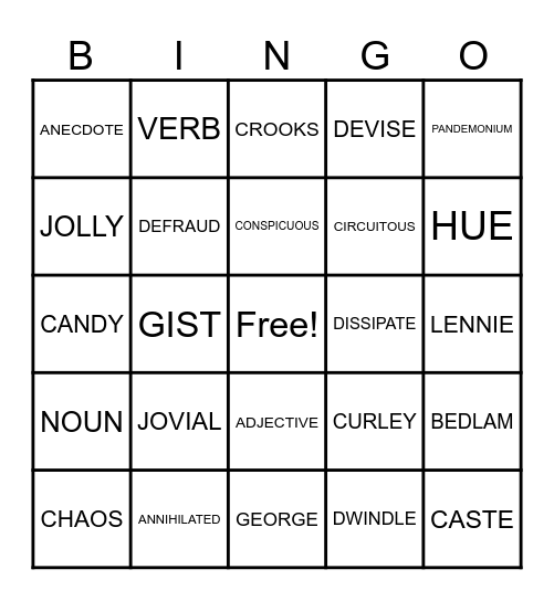 10th Vocabulary/OMAM Bingo Card