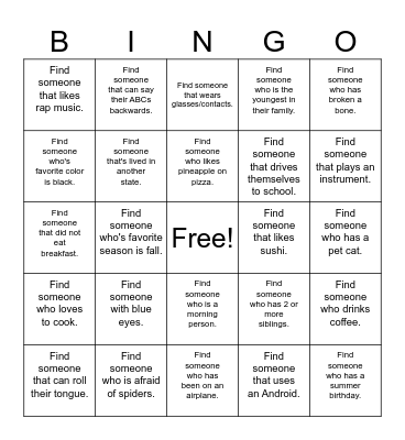 Name: Bingo Card