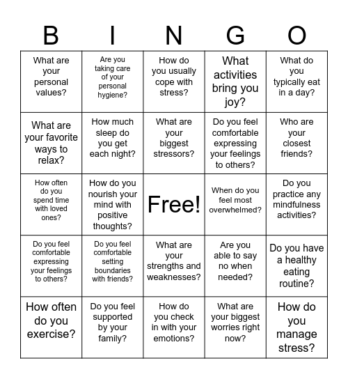 Self Care Bingo Card