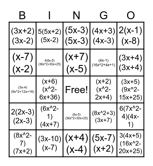 Factoring Bingo Card