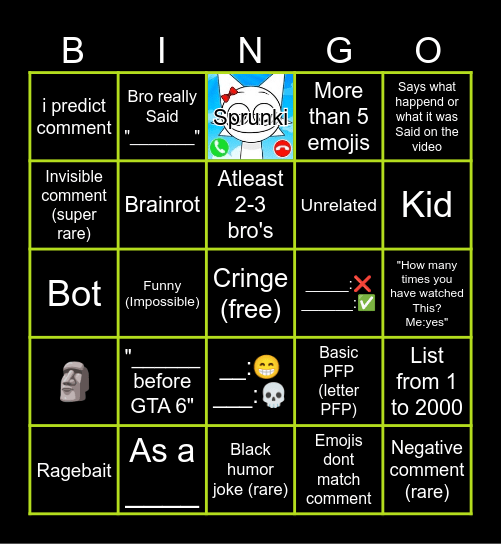YouTube shorts comment section Bingo Card