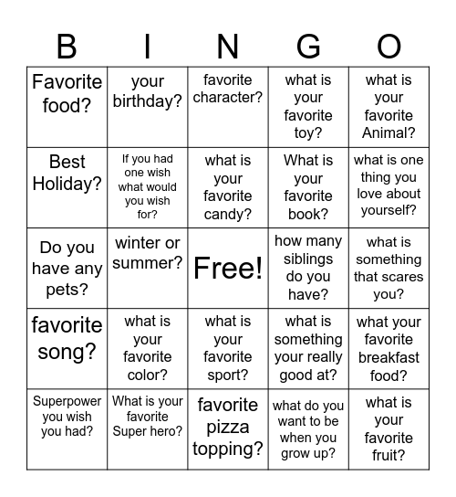 Getting to Know you Bingo Card