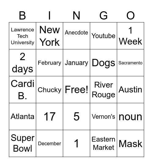 Vocabulary Stuff Bingo Card