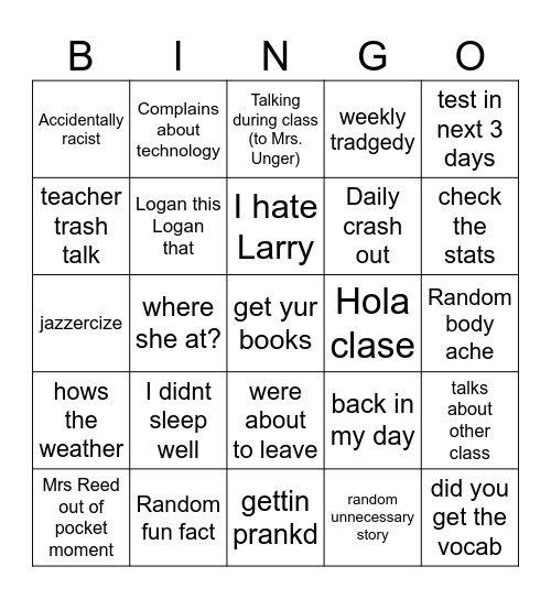 Mrs. Reed BINGO Card