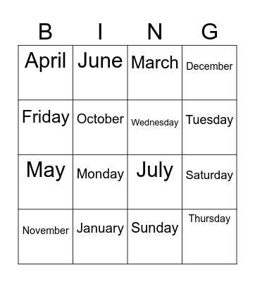 Months and days Bingo Card