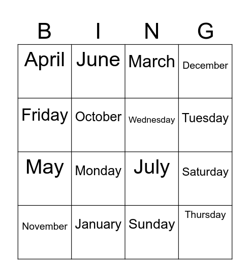 Months and days Bingo Card