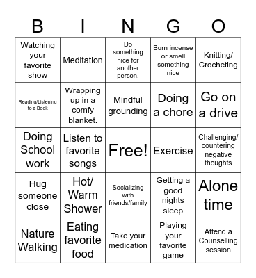 Stress Management Bingo Card