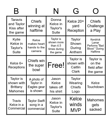Taylor's Superbowl Bingo Card