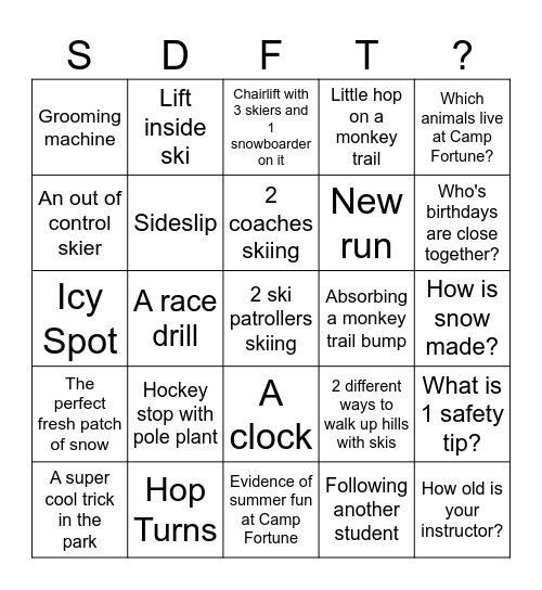 Ski Hill Bingo Card