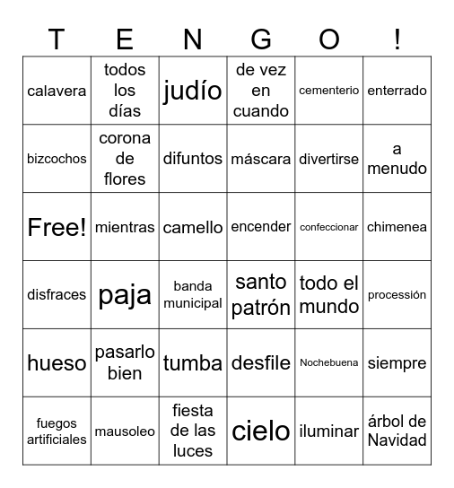 Vocabulario 5 Bingo Card