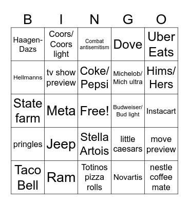 Superbowl 2025 Bingo Card