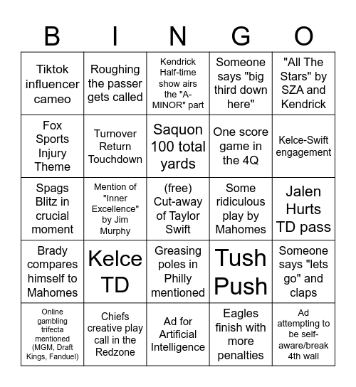 Super Bowl LIX Bingo Card