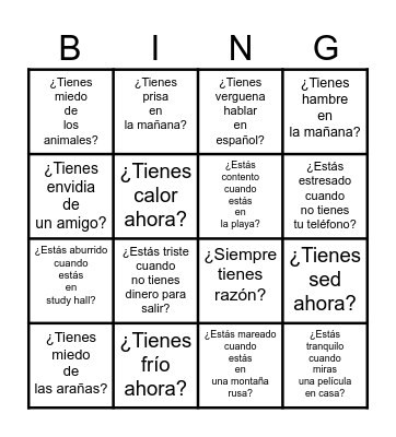 Ch. 8.2 -- ¿Tienes....?  Feelings with TENER Bingo Card
