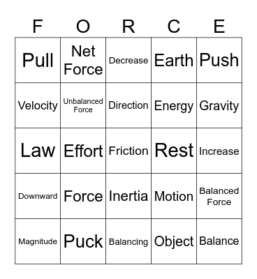 Unbalanced Forces & Motion Bingo Card