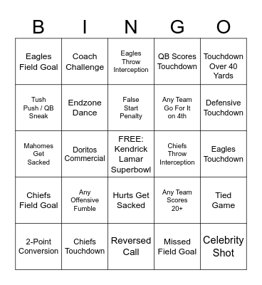 Chiefs vs Eagles Bingo Card