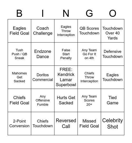 Chiefs vs Eagles Bingo Card