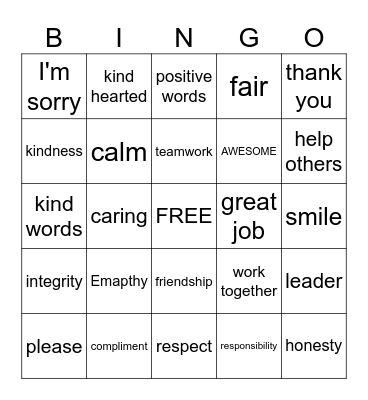 KIND WORDS BINGO Card