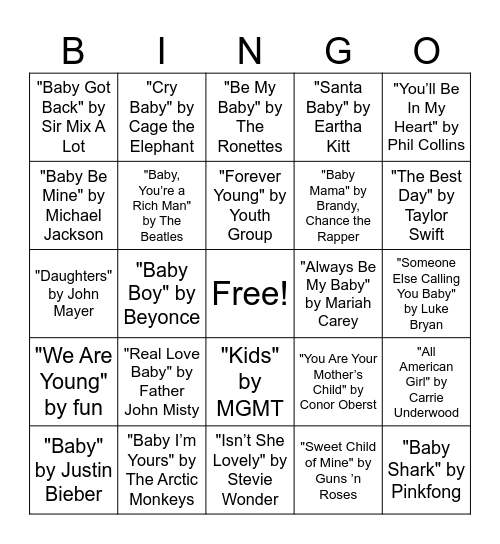 Baby Songs Bingo! Bingo Card