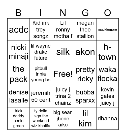Dirtiest song #2 Bingo Card