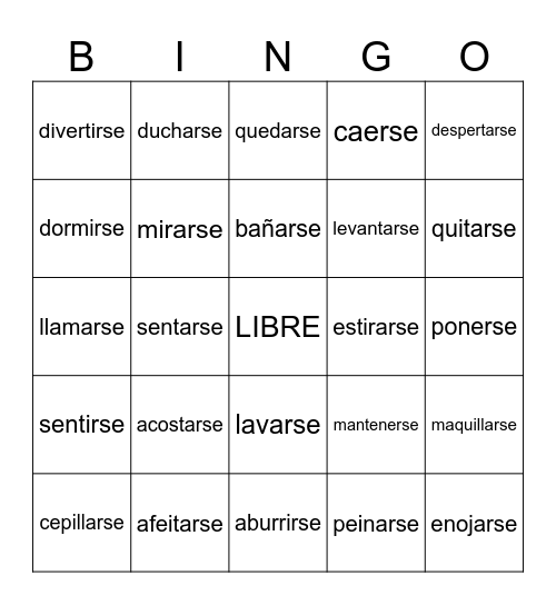 REFLEXIVE VERBS BINGO Card
