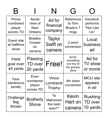 Super Bowl Bingo Card
