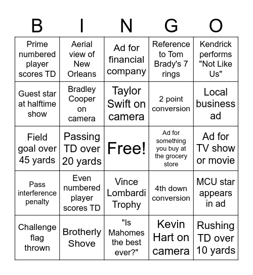 Super Bowl Bingo Card