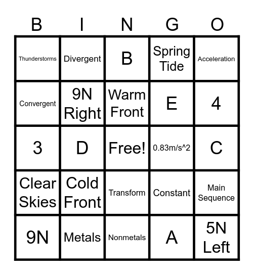 8th Science Review Bingo Card