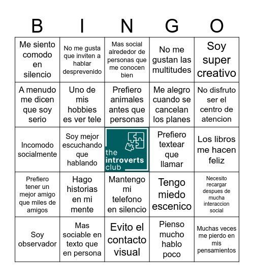 Introverts Club Bingo Card