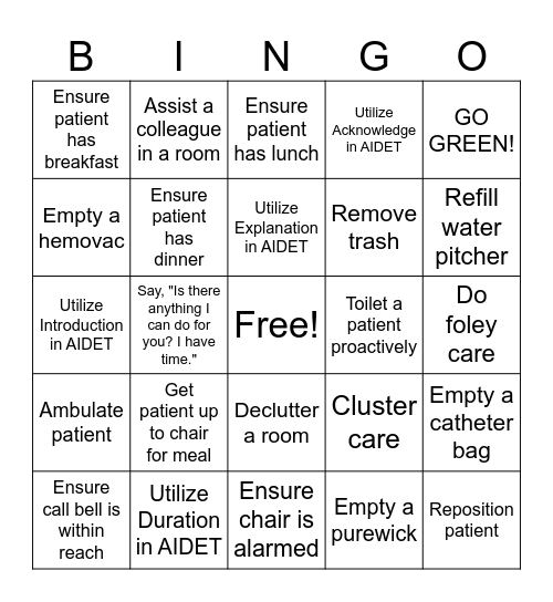Purposeful Rounding BINGO Card