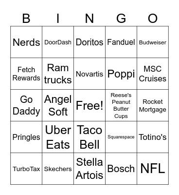 Superbowl Commercial Bingo Card