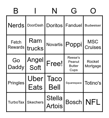 Superbowl Commercial Bingo Card