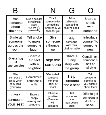 Spread Kindness Bingo Card