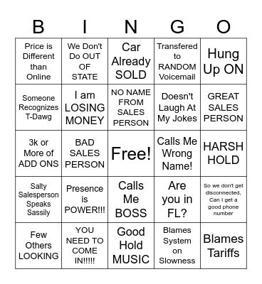 Car Negotiation BINGO Card