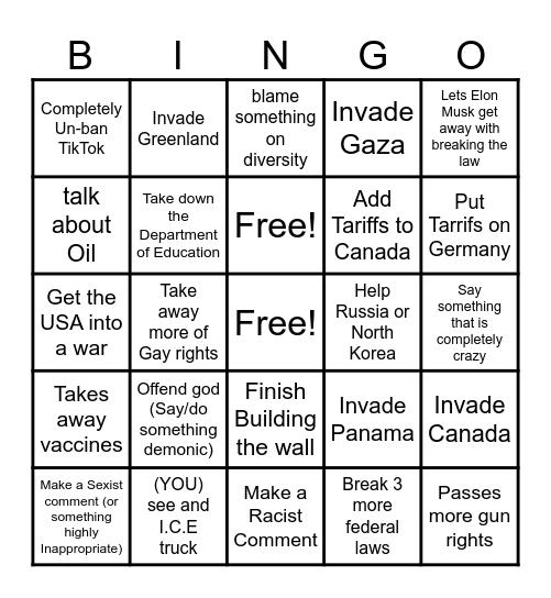 What will Trump do Next? Bingo Card
