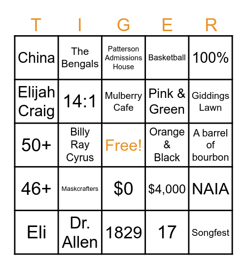 Tiger Preview Day Bingo Card