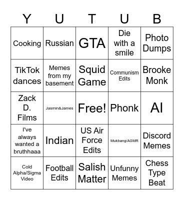 brainrot Youtube Bingo Card
