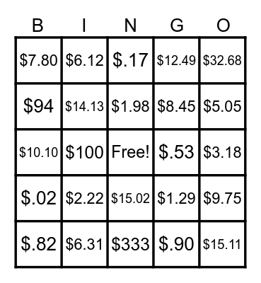 MONEY Bingo Card