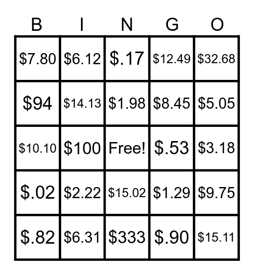 MONEY Bingo Card