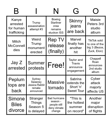 2025 Current Events Bingo Card