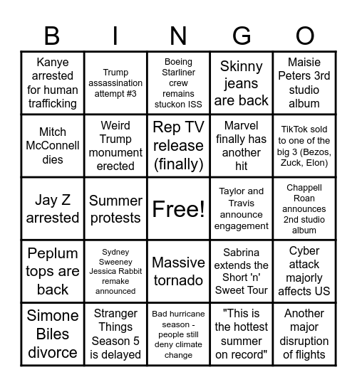2025 Current Events Bingo Card