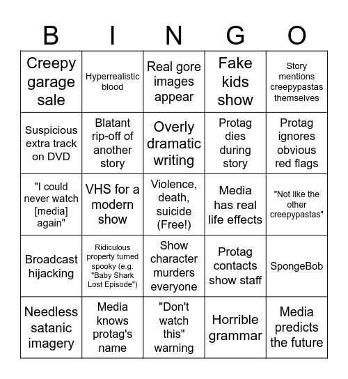 Lost Episode Creepypasta Bingo Card