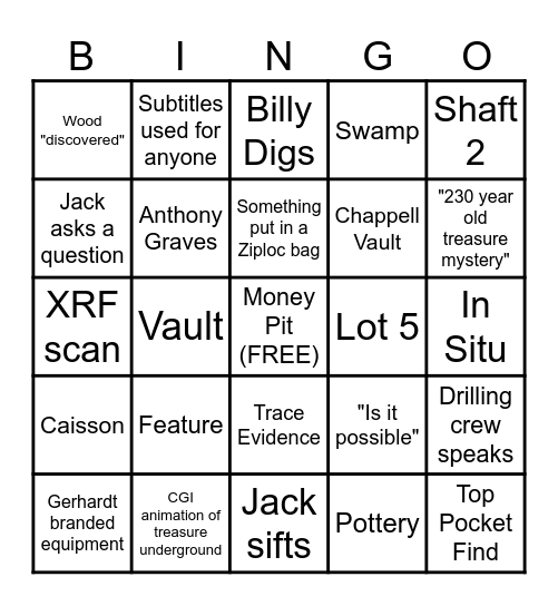 Curse of Oak Island Bingo Card