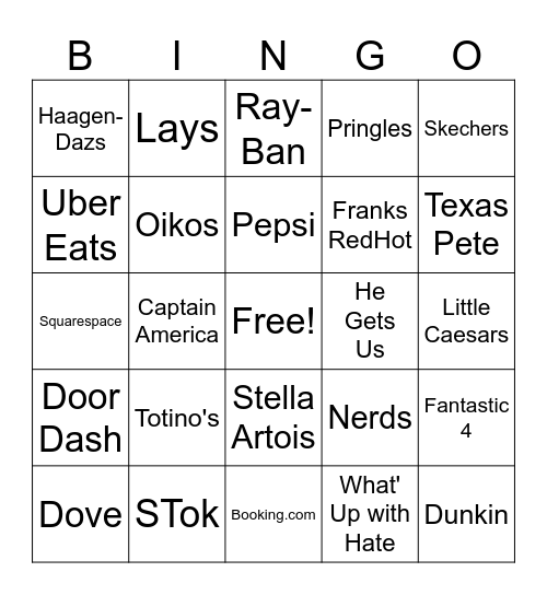 Superbowl Commercial Bingo Card