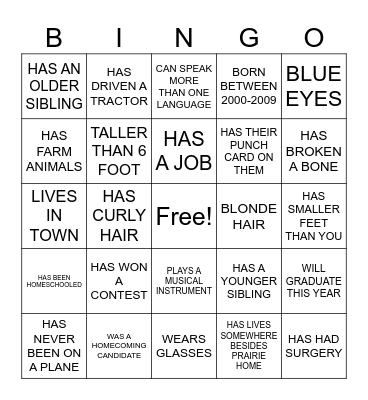 PRAIRIE HOME PEOPLE BINGO Card