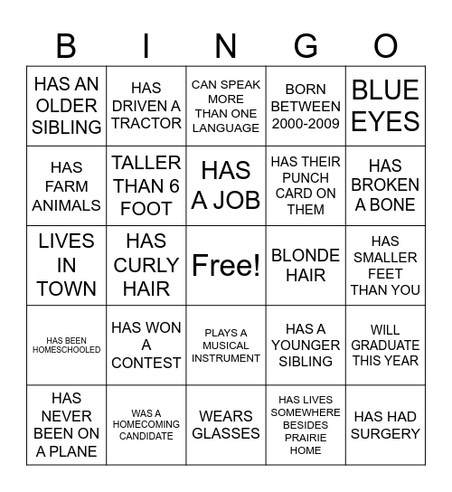 PRAIRIE HOME PEOPLE BINGO Card